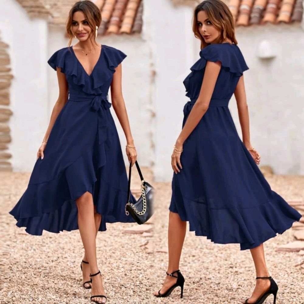 SHEIN Women's XL Clasi Solid Navy Blue Ruffle Trim Belted Wrap Dress
